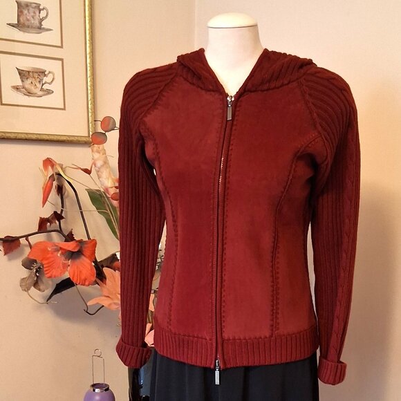 NWT Women's Wine Red Burgundy Zip-Up Hooded Cardigan Knitwear Sweater 6 S - Picture 5 of 9